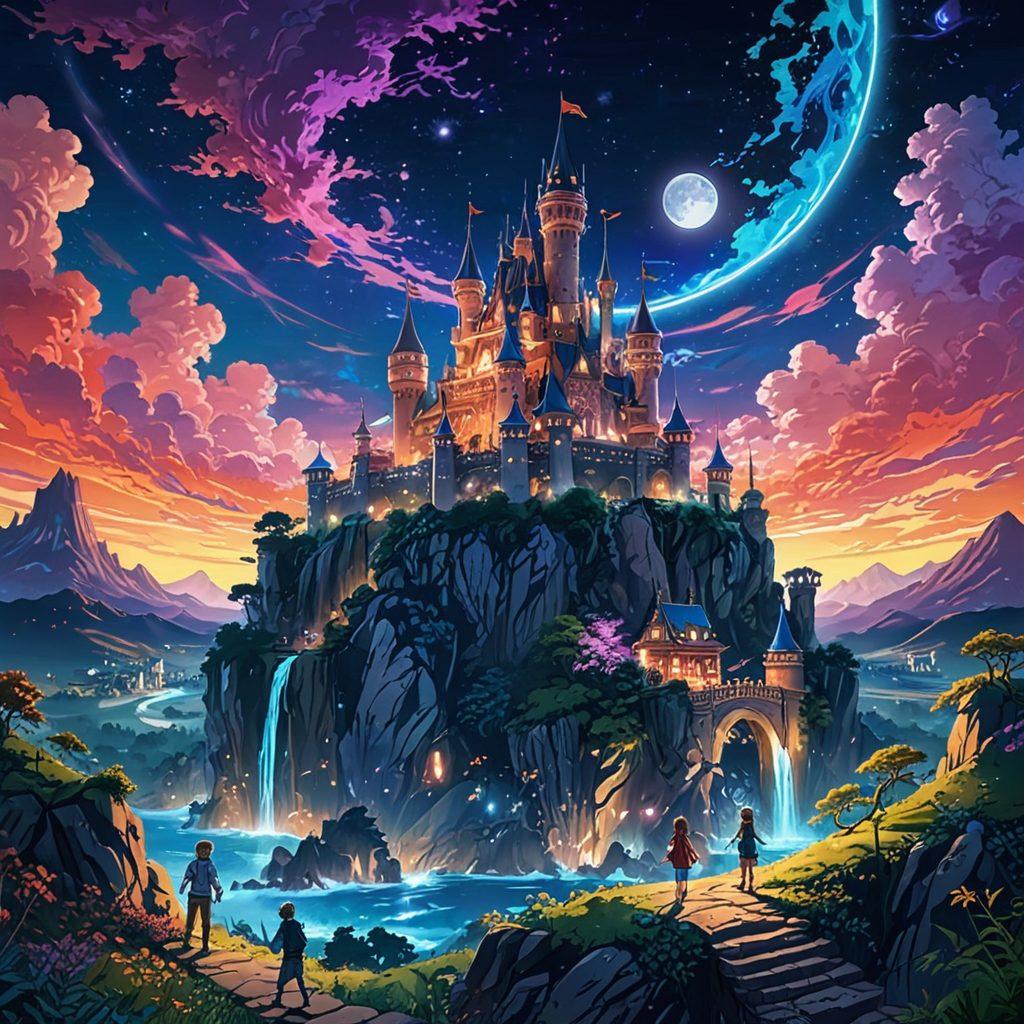 A dynamic and colorful scene showcasing an otherworldly hentai universe filled with whimsical characters, vibrant landscapes, and intricate details. Include a fantastic castle in the background, various anime-style characters engaging in playful activities, and captivating visual effects like glowing lights and swirling energy. Emphasize a sense of adventure and fantasy with a blend of humor and allure. anime-inspired art style. vibrant colors. 3D.