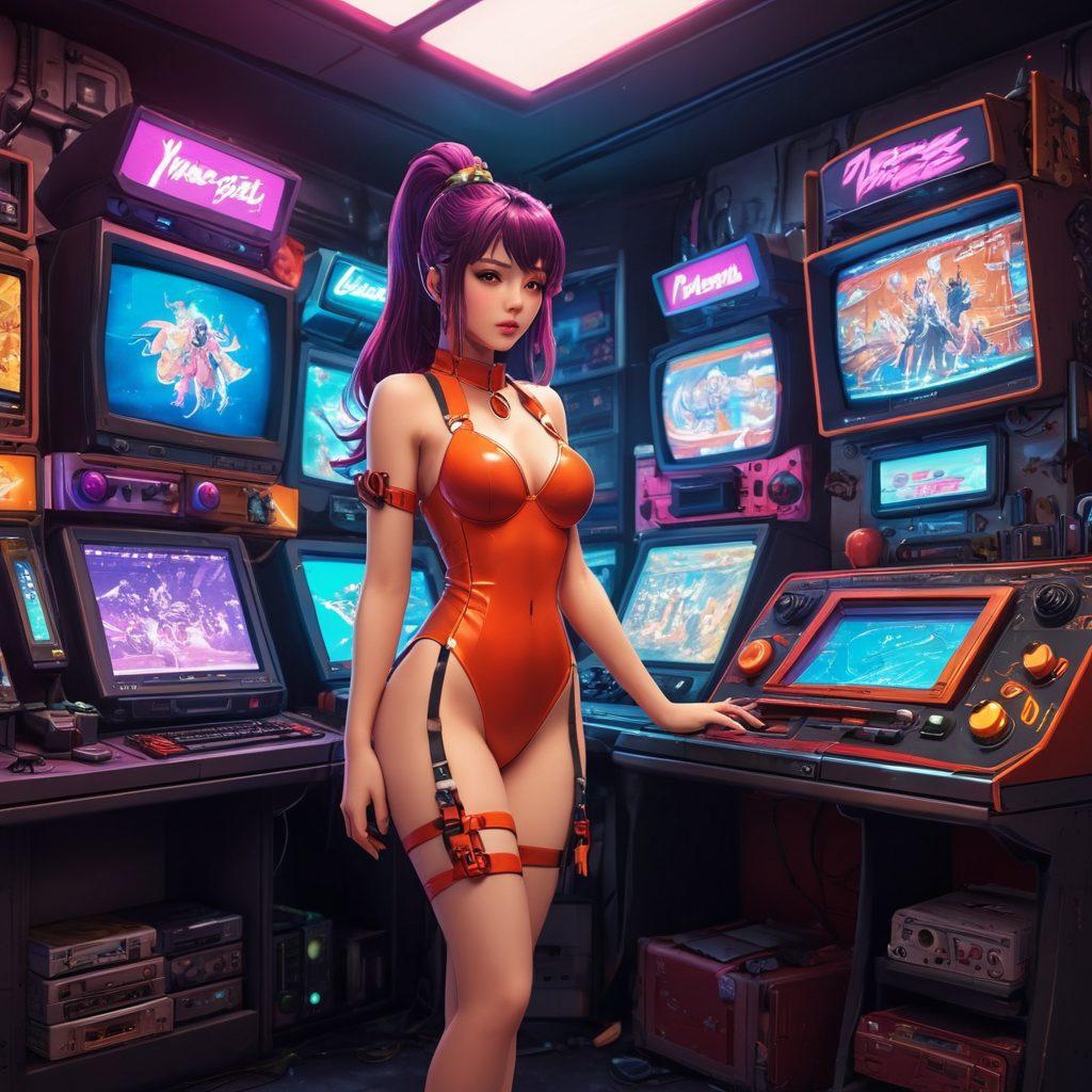 A dynamic composition showcasing a vibrant fusion of erotic anime characters in various video game settings, emphasizing their evolution over time. Include iconic manga-inspired visuals alongside pixelated gameplay scenes, blending art styles like cel shading and 3D rendering. Background elements could feature retro consoles and modern gaming devices, symbolizing the transition in gaming eras. Use bold and bright colors to create an eye-catching, immersive atmosphere. super-realistic. vibrant colors. cyberpunk.