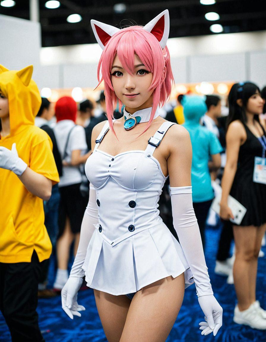 A vibrant and colorful digital artwork depicting a lively anime convention scene, featuring diverse characters engaging in interactive games and activities. Include elements like gaming booths, cosplay participants, and spirited interactions, all surrounded by eye-catching hentai-themed decorations. Infuse the image with playful energy and a sense of community. 3D. vibrant colors. anime style.